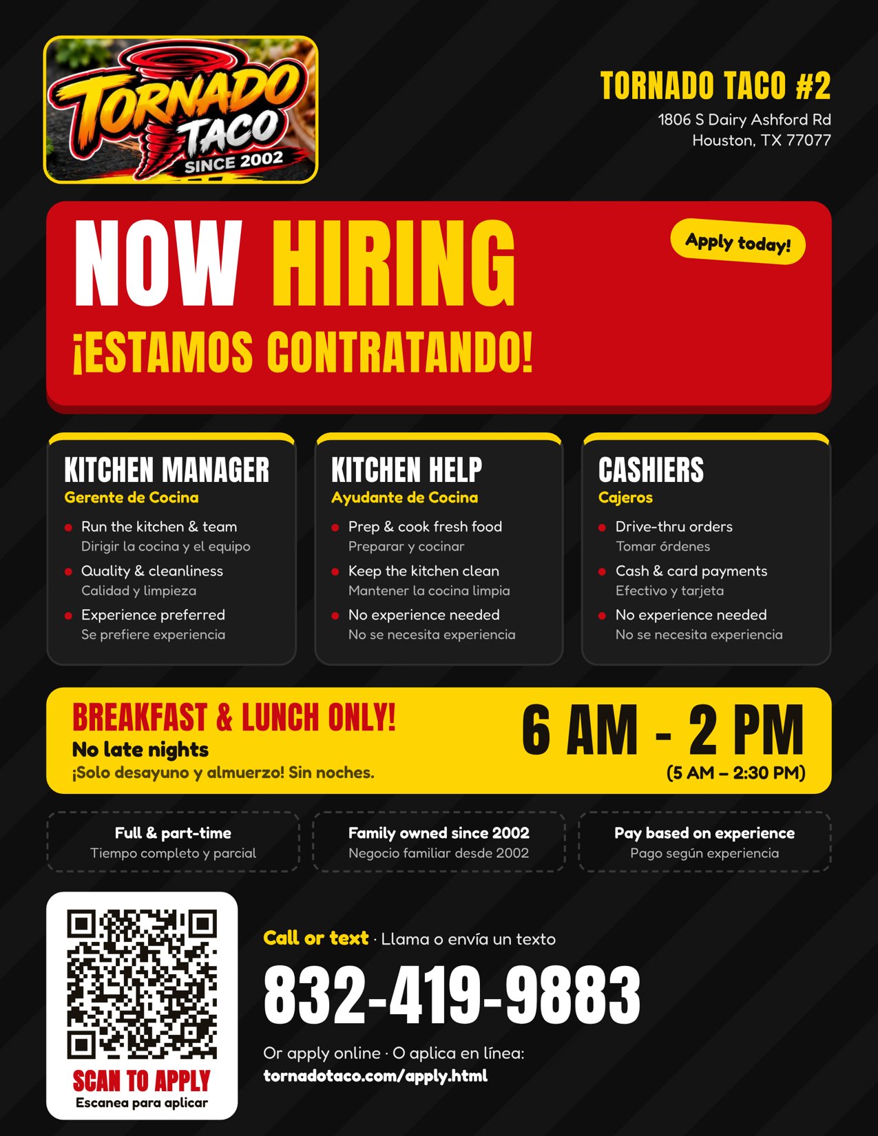 Tornado Taco Dairy Ashford Now Hiring flyer