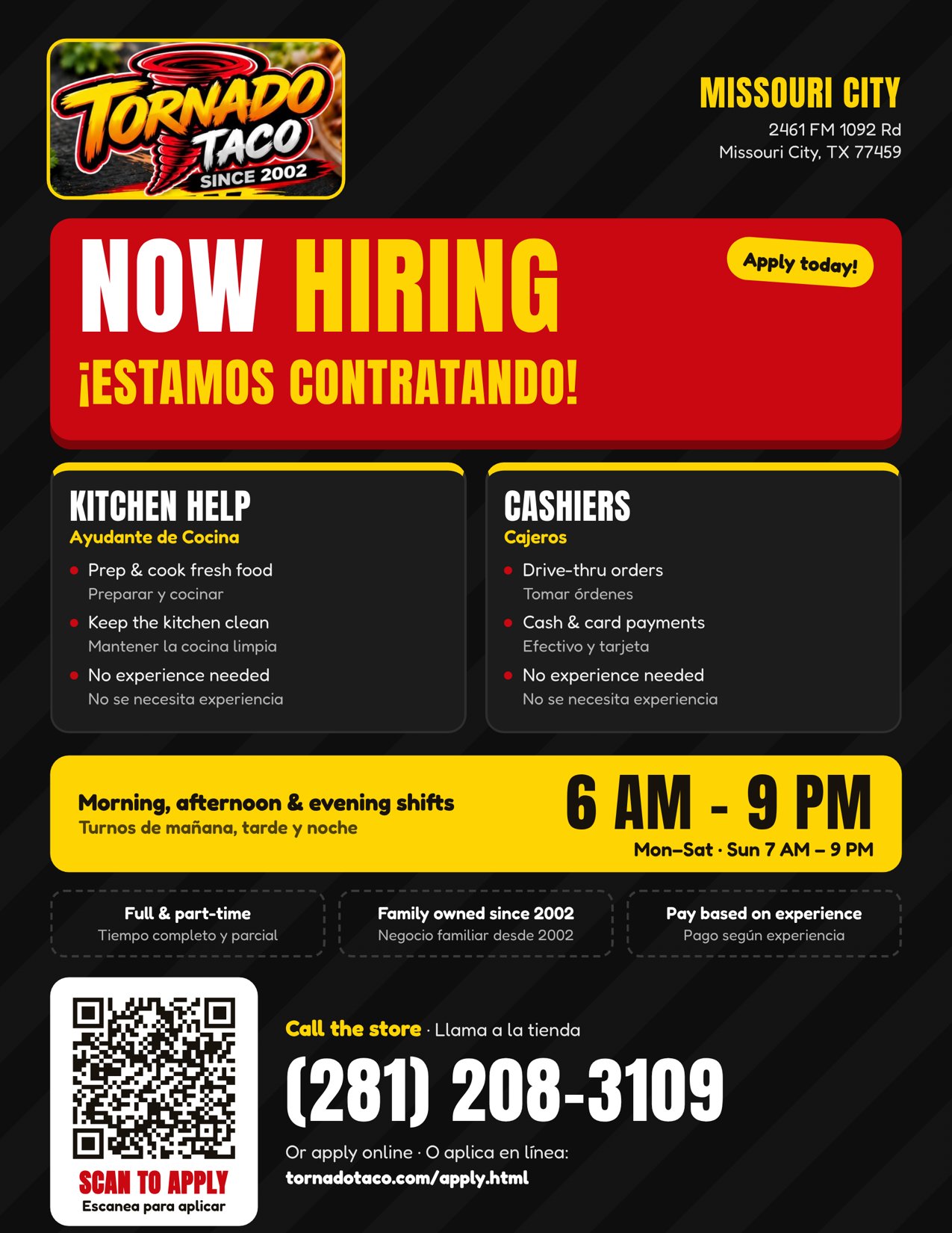 Tornado Taco Missouri City Now Hiring flyer