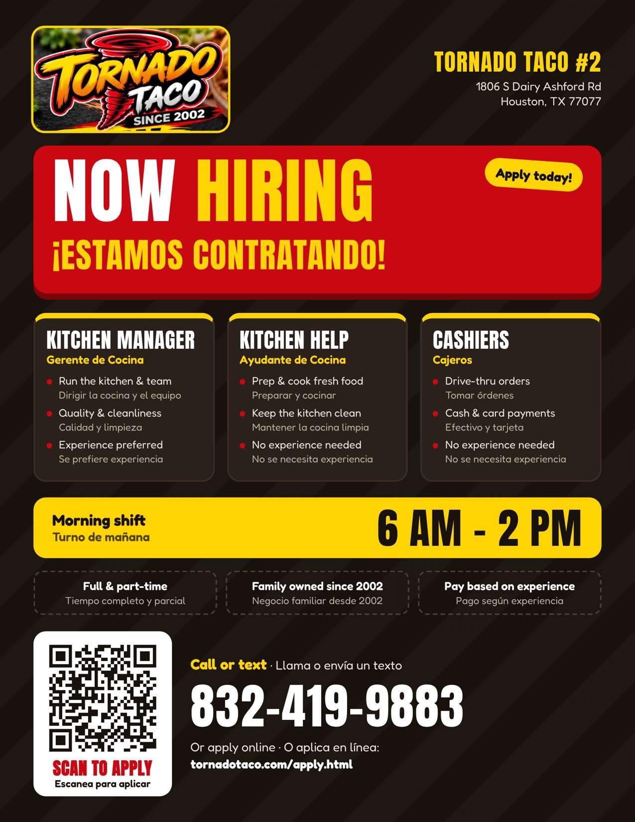 Tornado Taco #2 Now Hiring flyer &mdash; Kitchen Manager, Kitchen Help, Cashiers