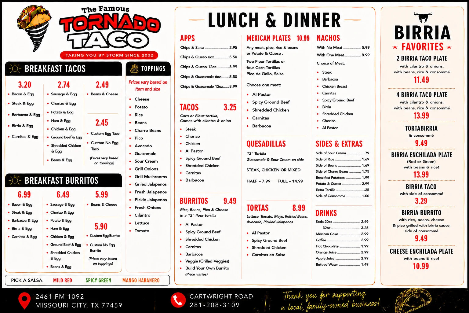 Tornado Taco full menu with prices &mdash; breakfast tacos, breakfast burritos, lunch & dinner, birria favorites