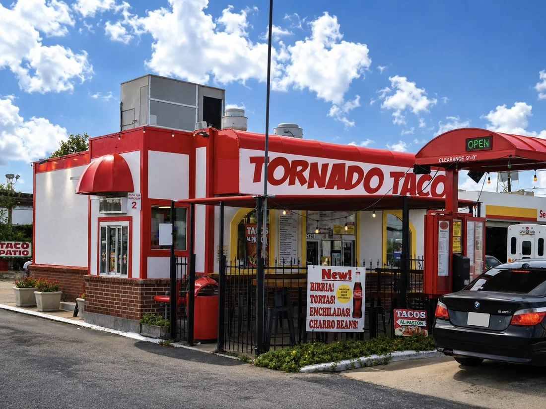 Tornado Taco drive-thru storefront with red and white signage